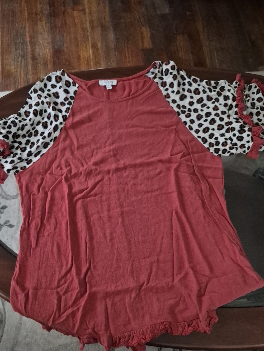 Umgee Rust Pink Raglan Top with Leopard Print Sleeves